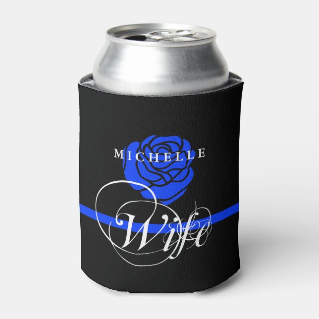 Police Wife Blue Rose Custom Name Can Cooler (Can Front)