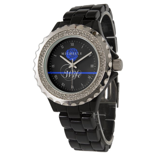 Police Wife Thin Blue Line Rose Custom Name Watch (Angled)