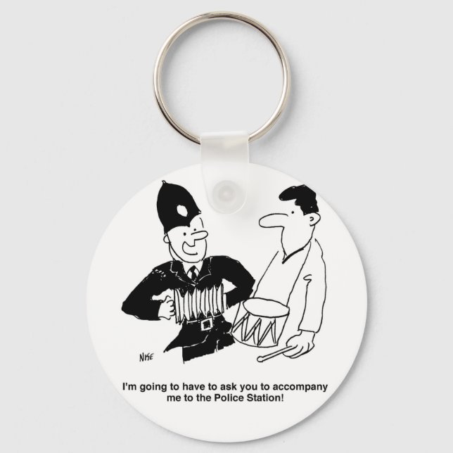 Policeman asks man to accompany him. Funny Cartoon Key Ring (Front)