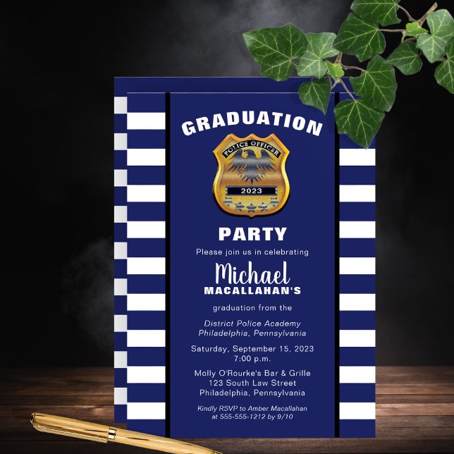 Policeman Police Badge Blue White Graduation Party Invitation (Creator Uploaded)