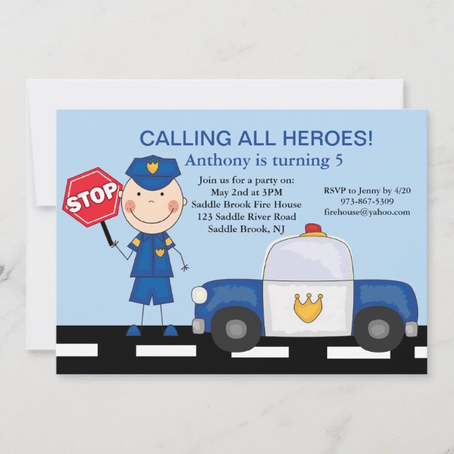 Policeman Rescue Heroes Birthday Invitation (Front)
