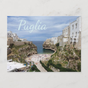 Polignano a Mare city beach, Puglia text postcard