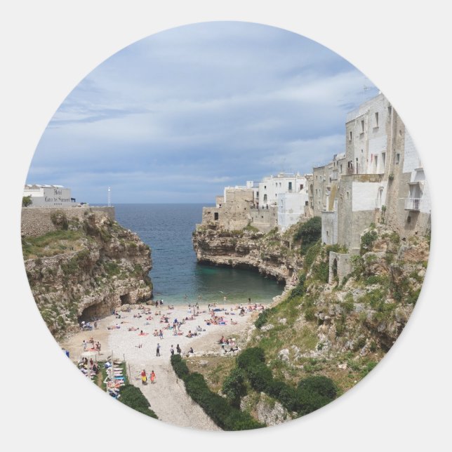 Polignano a Mare city beach round sticker (Front)