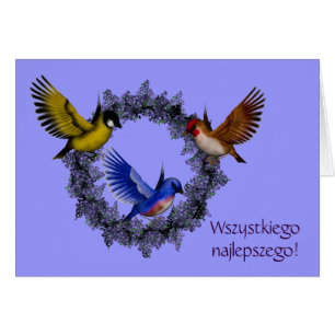 Polish Birthday Card Sto Lat Birds Flower Wreath