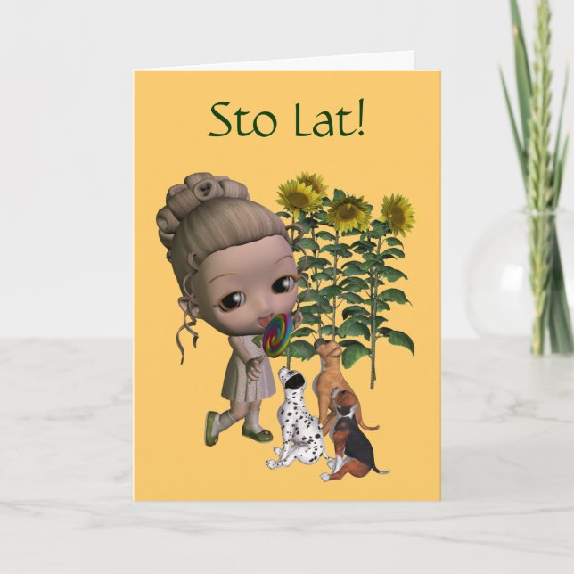 Polish Birthday Card Sto Lat Girl And Puppies (Front)