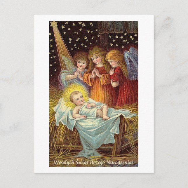POLISH CHRISTMAS CARD WITH ANGELS AND BABY JESUS (Front)