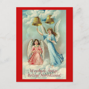 POLISH CHRISTMAS CARD WITH ANGELS IN CLOUDS