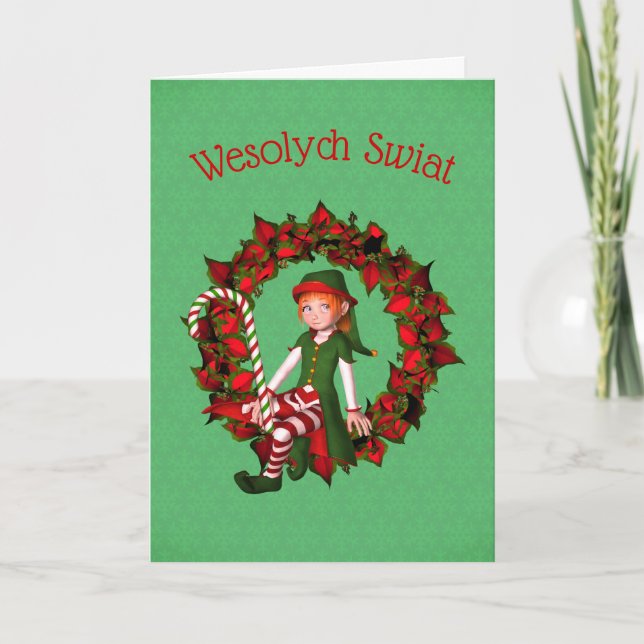 Polish Christmas Cute Elf On Wreath Holiday Card (Front)
