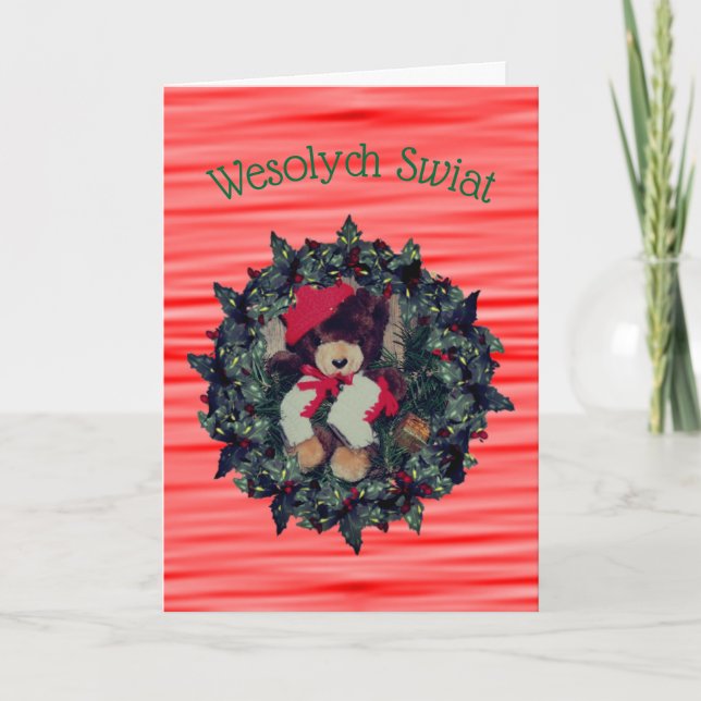 Polish Christmas Greeting Bear In Wreath Holiday Card (Front)