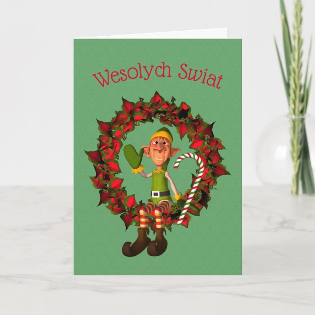 Polish Christmas Greeting Card Elf On Wreath (Front)