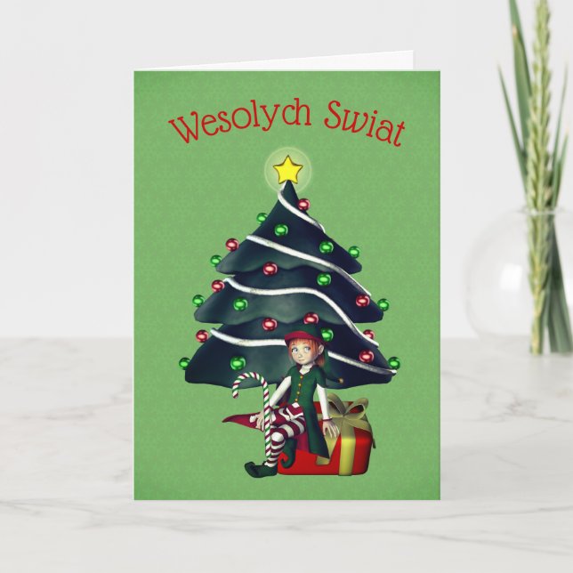 Polish Christmas Greeting Card Girl Elf Tree (Front)