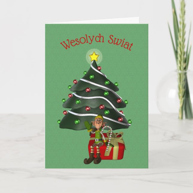 Polish Christmas Greeting Cute Male Elf Tree Holiday Card (Front)