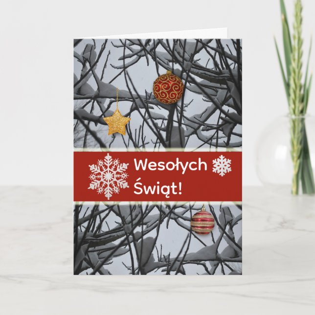 Polish Christmas Ornaments on Snowy Branches Holiday Card (Front)