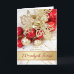 Polish Christmas Red Gold Baubles Leaves  Holiday Card<br><div class="desc">Christmas card with red and gold baubles. Polish text in front says: Merry Christmas. Inside in Polish too: Let the time of Christmas pass in an atmosphere of joy and love,  and let the New Year make all your dreams come true</div>