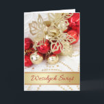 Polish Christmas Red Gold Baubles Leaves  Holiday Card<br><div class="desc">Christmas card with red and gold baubles. Polish text in front says: Merry Christmas. Inside in Polish too: Let the time of Christmas pass in an atmosphere of joy and love,  and let the New Year make all your dreams come true</div>