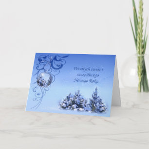 Polish Christmas - snowy fir trees, baubles, swirl Holiday Card