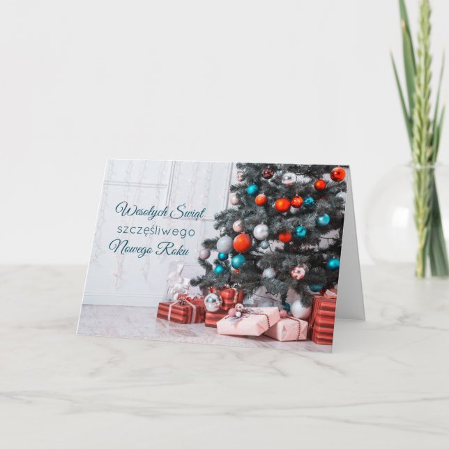 Polish Christmas Tree Baubles Holiday Card (Front)