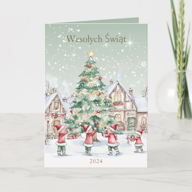 Polish Christmas Tree Snowy Houses Holiday Card (Front)