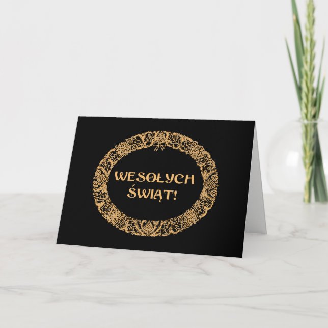 Polish Christmas Wreath Gold-effect, Black Holiday Card (Front)