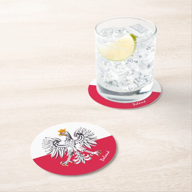 Polish flag & Eagle, Poland wedding, party /sports Round Paper Coaster (Insitu)