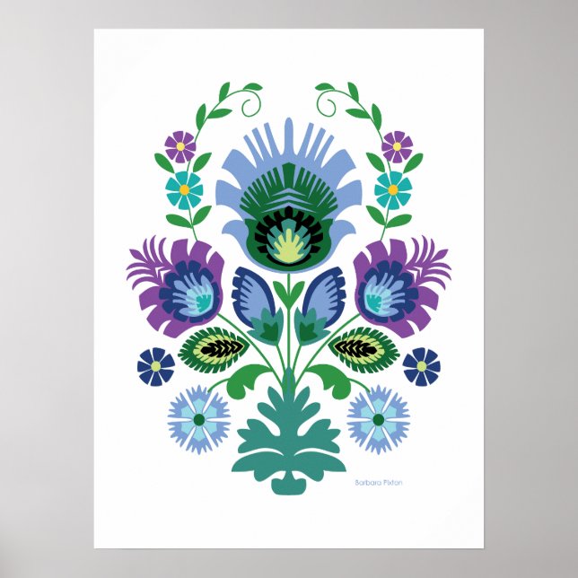 Polish Folk Art Light Blue Flower Poster (Front)