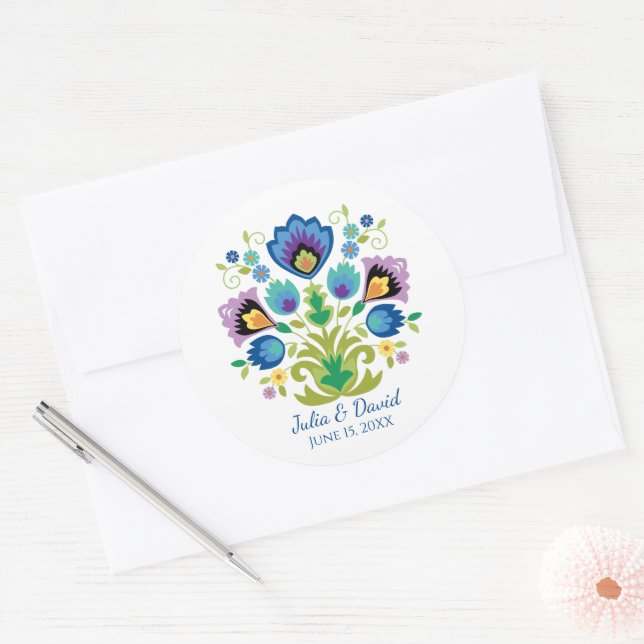 Polish Folk Flowers Blue Lavender Classic Round Sticker (Envelope)