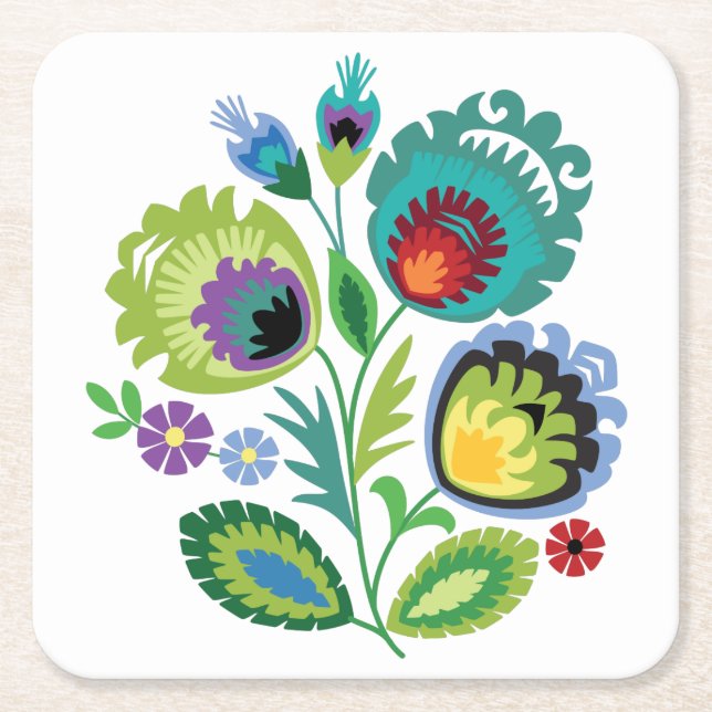 Polish Folk Flowers Green Square Paper Coaster (Front)
