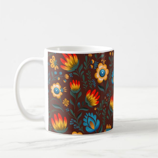 Polish Folk Flowers Wycinanki Brown Coffee Mug (Left)