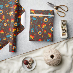 Polish Folk Flowers Wycinanki Brown Wrapping Paper