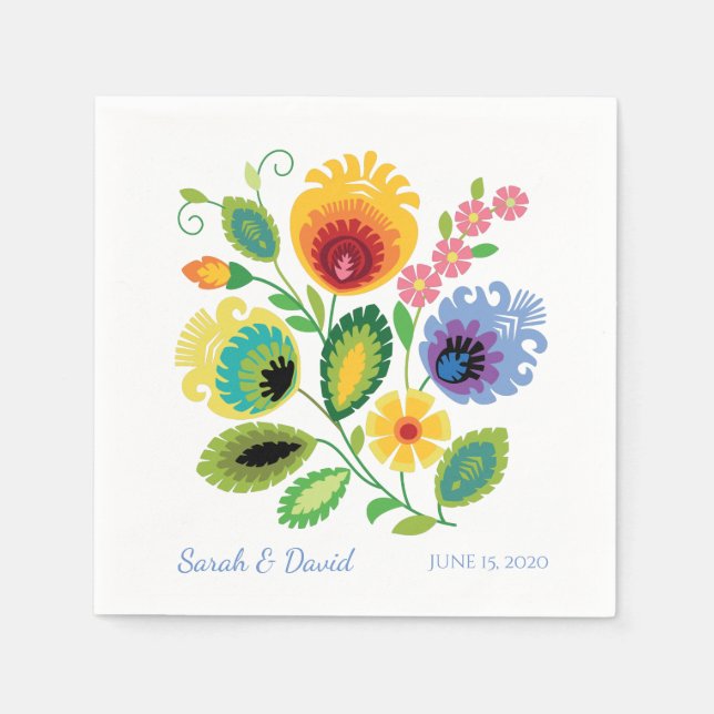 Polish Folk Flowers Yellow Wedding Napkin (Front)