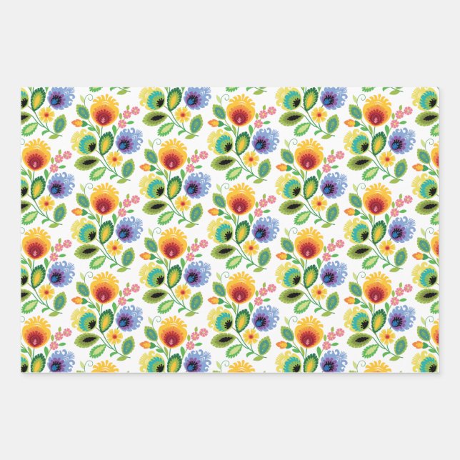 Polish Folk Flowers Yellow Wrapping Paper Sheet (Front)