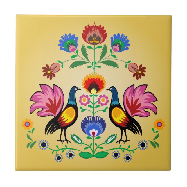 Polish Folk With Decorative Floral & Cockere, Tile (Front)