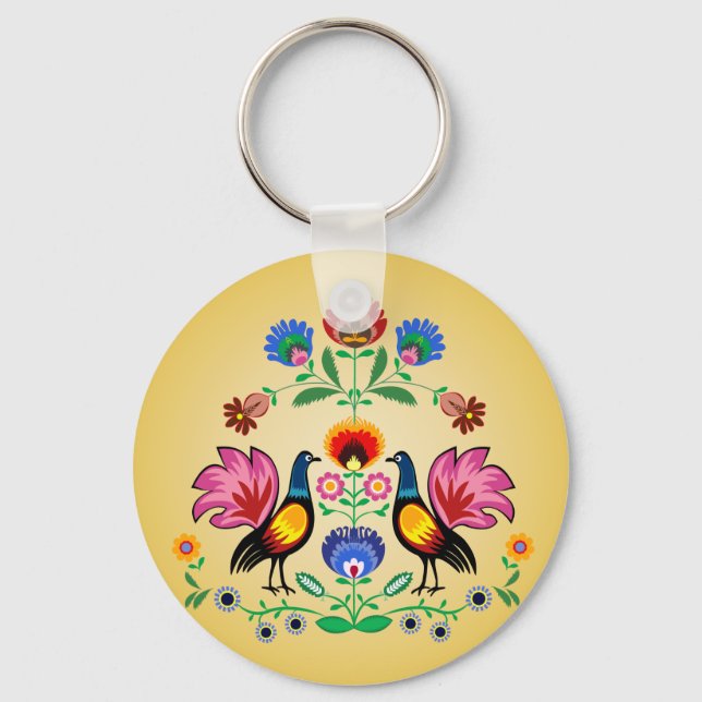 Polish Folk With Decorative Floral & Cockerels Key Ring (Front)