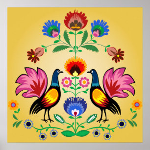 Polish Folk With Decorative Floral & Cockerels Poster