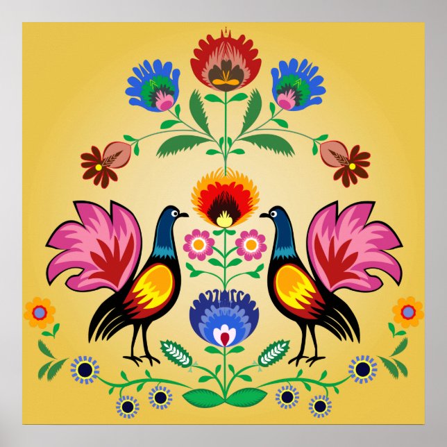 Polish Folk With Decorative Floral & Cockerels Poster (Front)