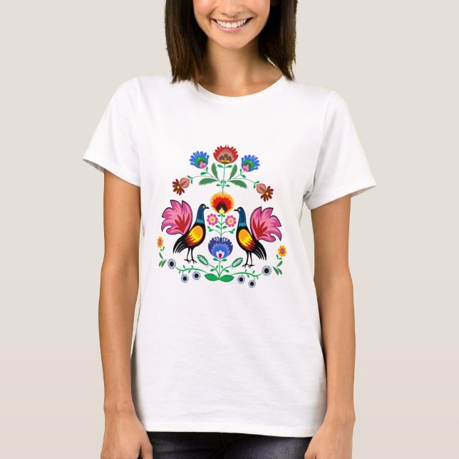 Polish Folk With Decorative Foral & Cockerels, T-Shirt (Front)