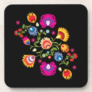 Polish folklore with pink flowers coaster