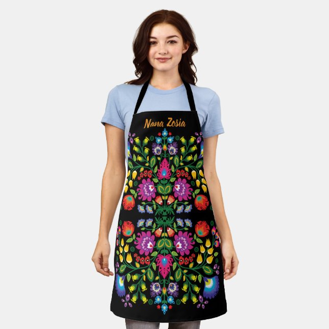 Polish Folklore Wycinanki, custom text black Apron (Worn)