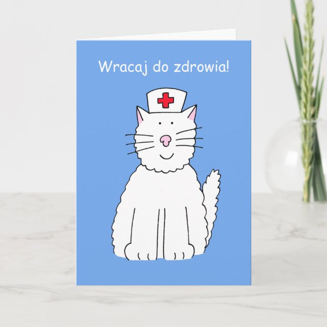 Polish Get Well Soon White Cat Card (Front)