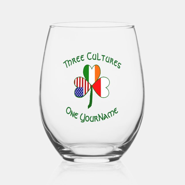 Polish Irish American Flags Shamrock Personalised  Stemless Wine Glass (Front)