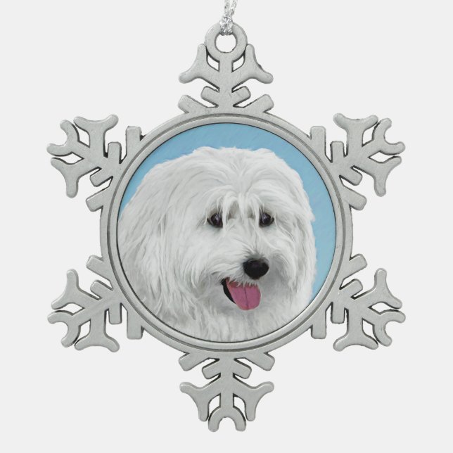 Polish Lowland Sheepdog Painting - Original Dog Ar Snowflake Pewter Christmas Ornament (Front)