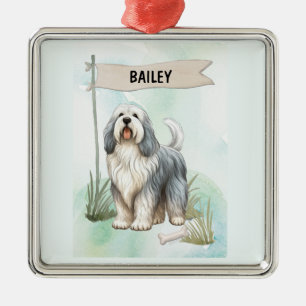 Polish Lowland Sheepdog Watercolor Personalise Dog Metal Tree Decoration