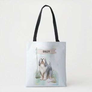 Polish Lowland Sheepdog Watercolor Personalise Dog Tote Bag