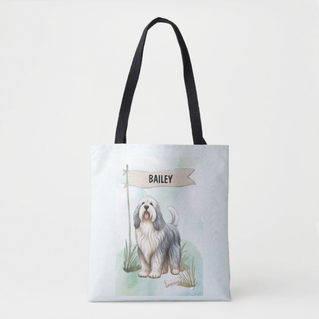 Polish Lowland Sheepdog Watercolor Personalise Dog Tote Bag (Front)