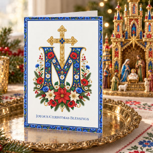 Polish Marian Monogram Folk Floral Christmas Holiday Card