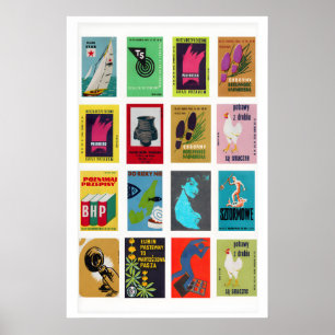 Polish Matchbox Label Grid Print, Vintage Ephemera Poster