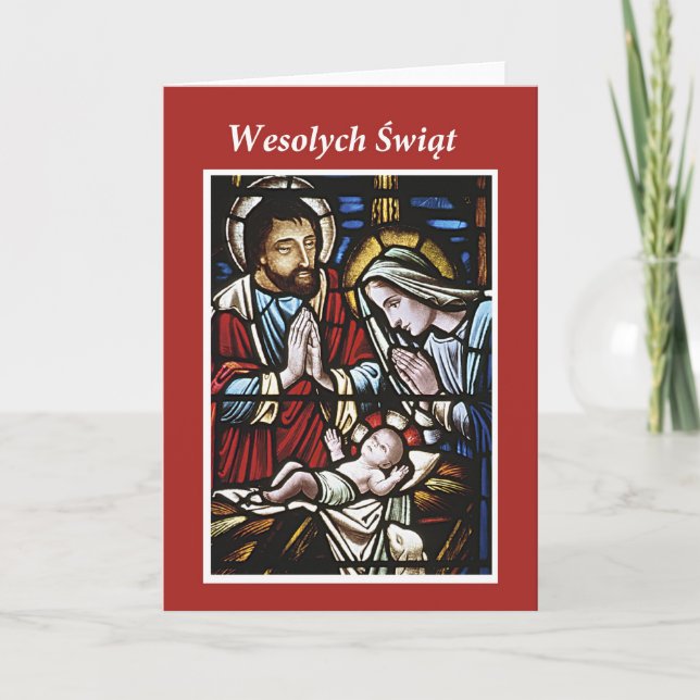Polish Merry Christmas, Stained Glass, Religious Holiday Card (Front)