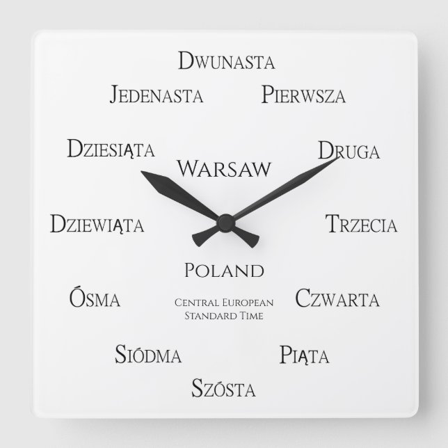 Polish Numbers Custom City Country Time Zone Square Wall Clock (Front)
