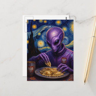 Polish Purple Alien Eating Pierogies Starry Night Postcard