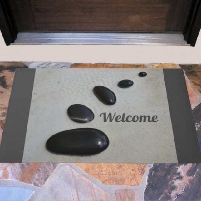 Polished Black Stones on Sand Zen Garden Gray Doormat (Creator Uploaded)